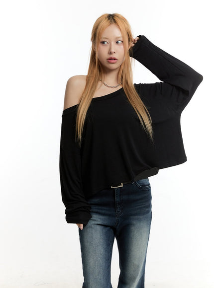 one-shoulder-long-sleeve-crop-top-cy501 / Black