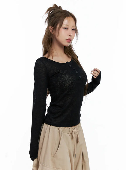 Ribbed Sheer Long-Sleeve Top CL514