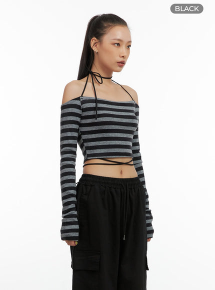 stripe-string-off-shoulder-crop-top-co424 / Black