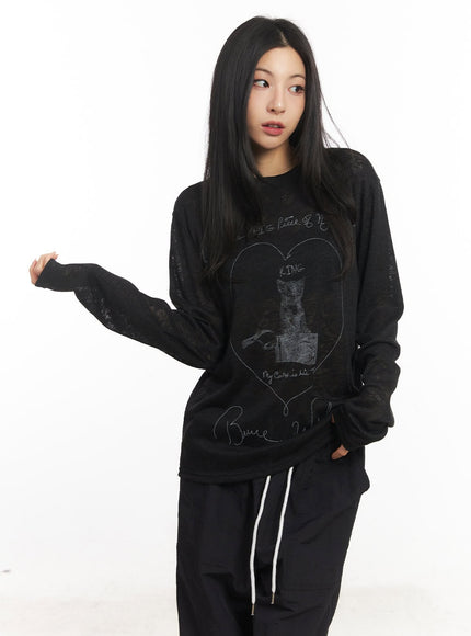 sheer-art-graphic-long-sleeve-top-ca504 / Black