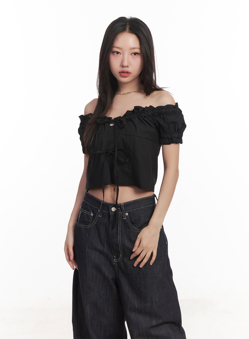 ribbon-off-shoulder-blouse-crop-top-ca529 / Black