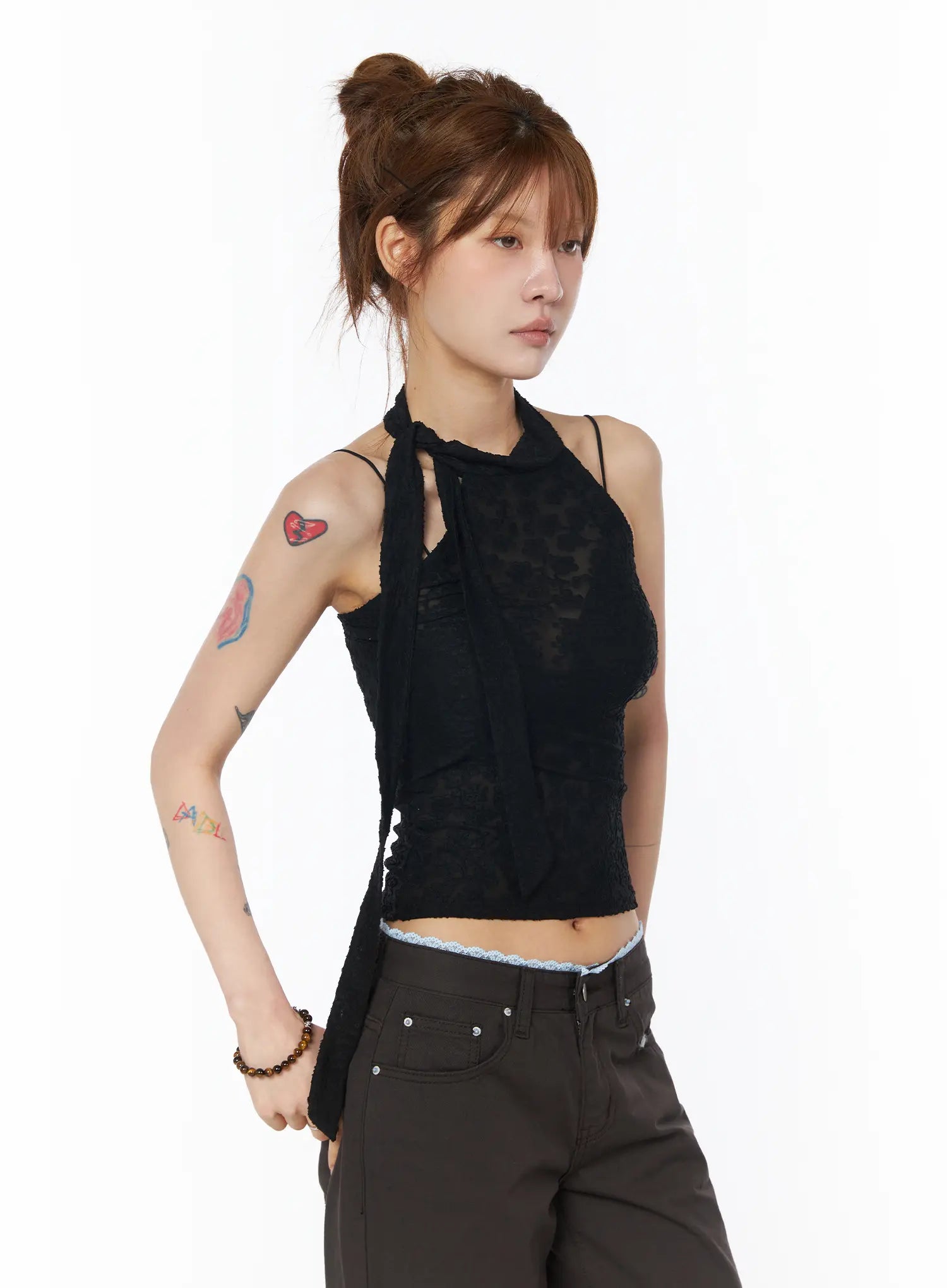 sheer-floral-halter-top-cy528 / Black