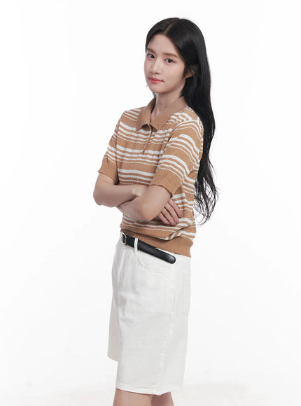 striped-collared-short-sleeve-sweater-cu525 / Brown