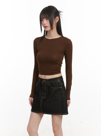 x-strap-backless-long-sleeve-crop-top-cj524 / Dark brown