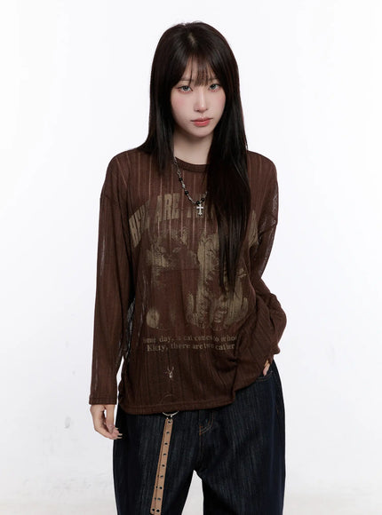 graphic-oversized-sheer-long-sleeve-top-cs530 / Dark brown