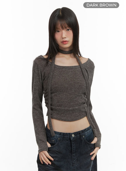 shirred-cropped-long-sleeve-top-with-choker-set-co410 / Dark brown