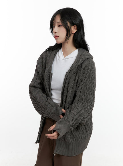 cable-knit-zip-up-hooded-sweater-cardigan-cn411 / Dark gray