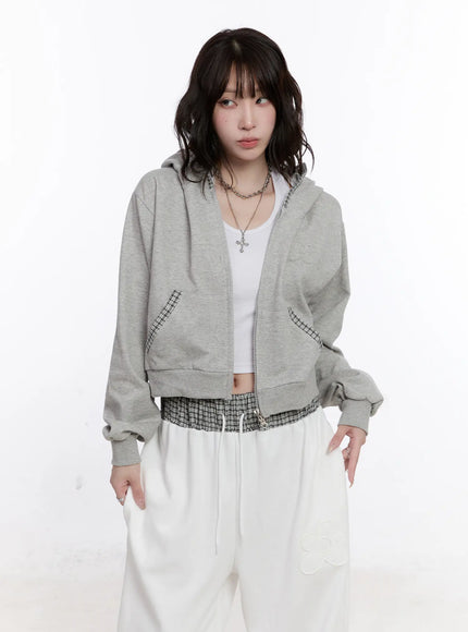 plaid-trim-crop-zip-up-hoodie-cs530 / Gray