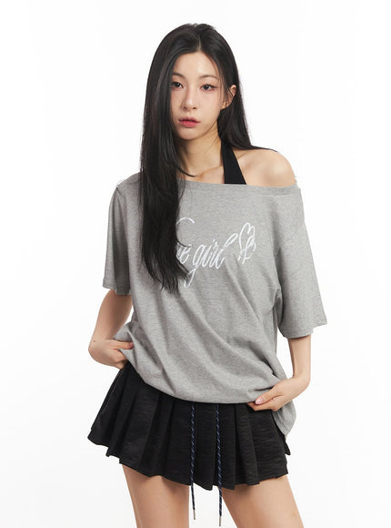 graphic-one-shoulder-oversize-t-shirt-ca503 / Gray