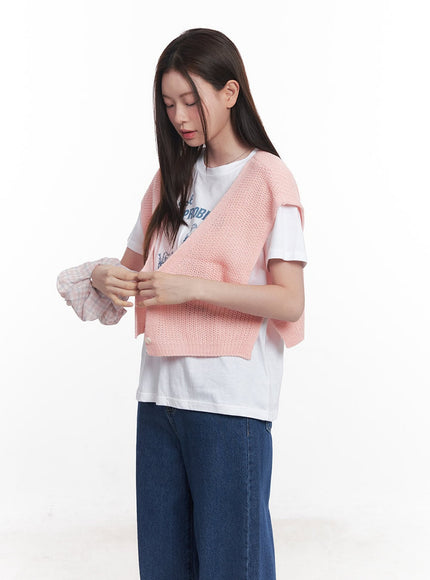 buttoned-knit-crop-vest-top-cy515 / Pink