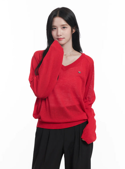 sheer-v-neck-sweater-cu523 / Red
