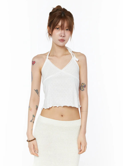 lace-trim-halter-sleeveless-top-cy527 / White