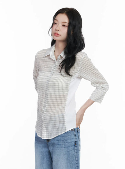 slim-fit-checkered-3-4-sleeve-shirt-ca510 / White