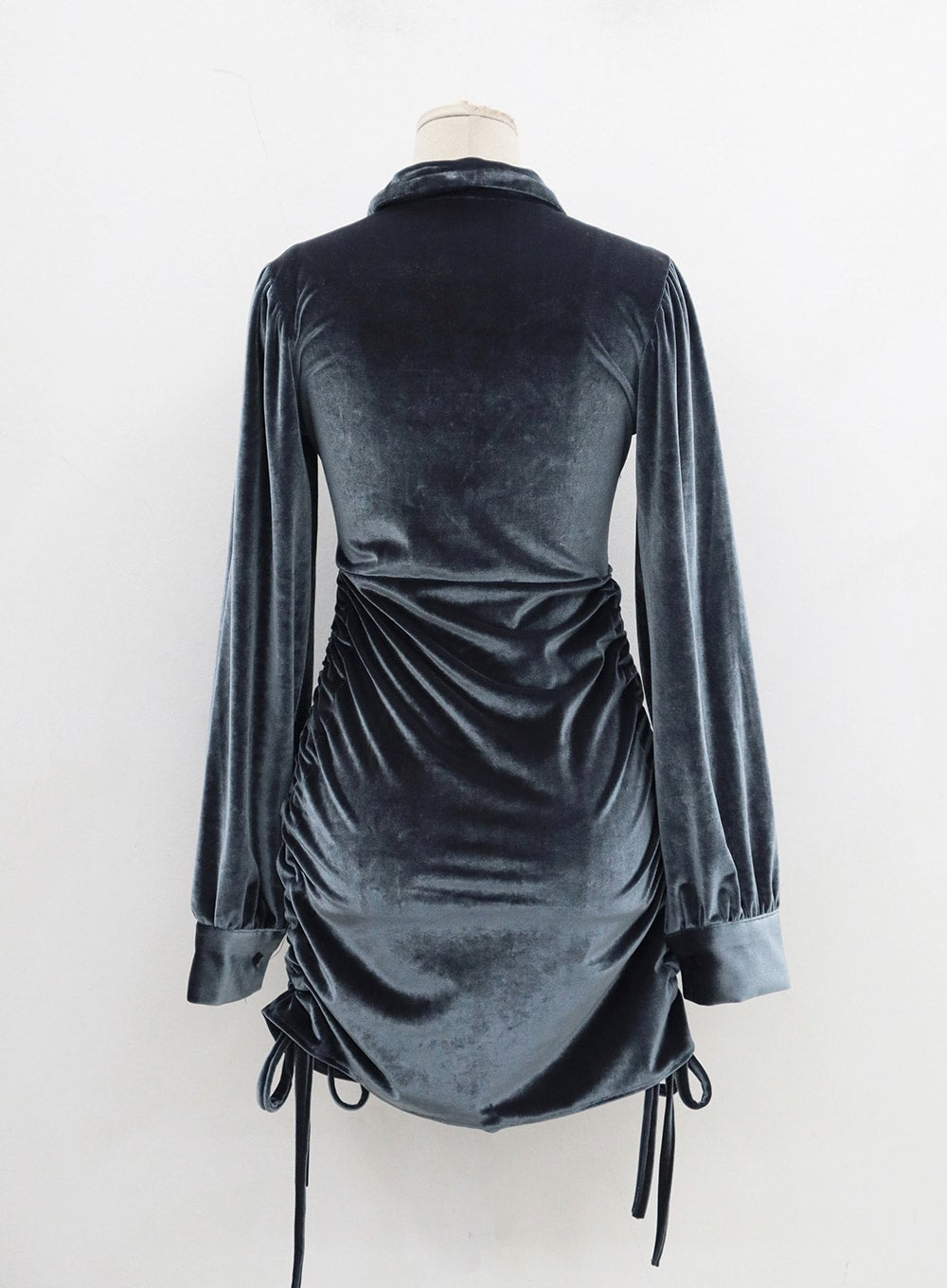 Side Tie Ruching Velvet Long Sleeve Mini Dress CD23
