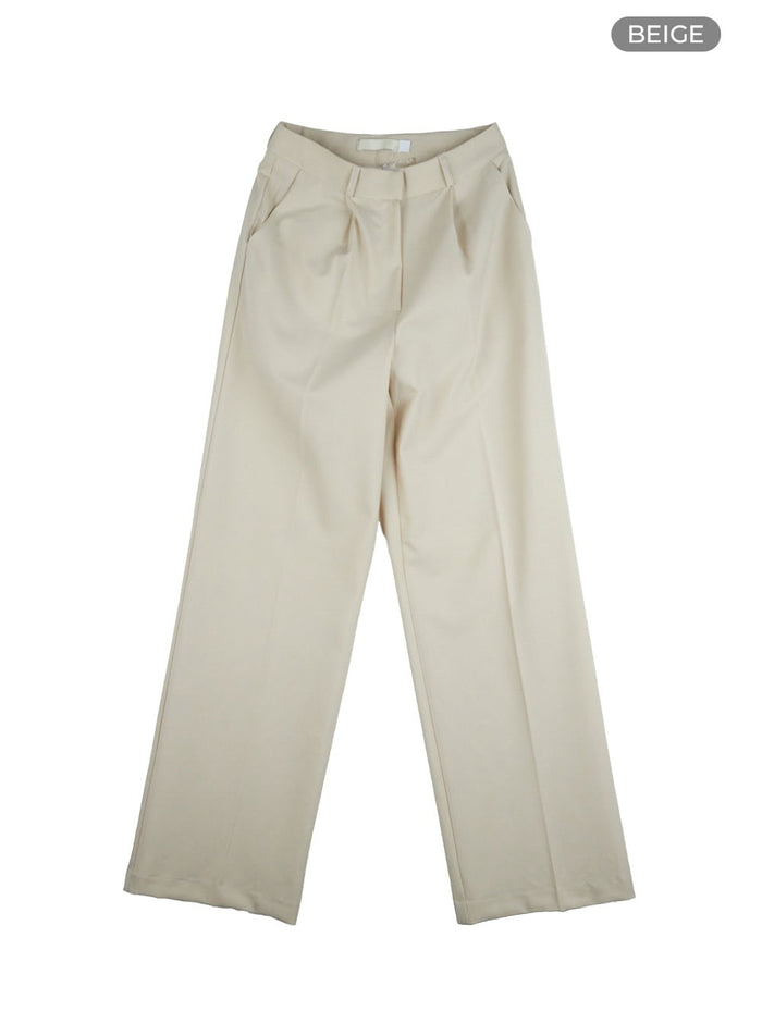 solid-wide-fit-pintuck-tailored-pants-ou419 / Beige