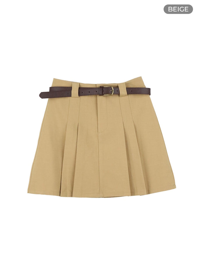 solid-pleated-mini-skirt-with-belt-strap-om419 / Beige