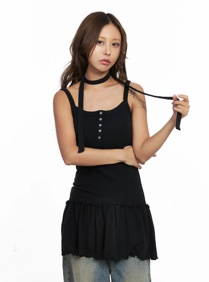 ruffled-tank-top-and-scarf-set-co513 / Black
