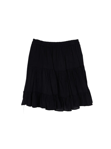 elastic-waist-tiered-midi-skirt-cy522 / Black