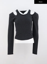 striped-v-neck-long-sleeve-cutout-top-co319 / Black