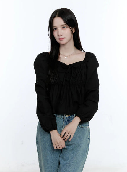 puff-sleeve-shirred-blouse-cg512 / Black