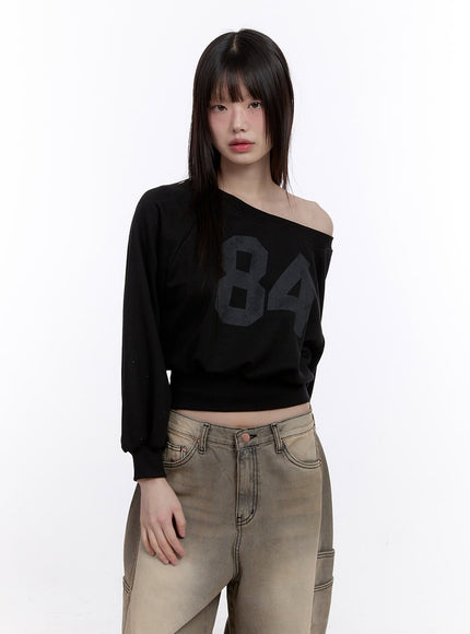 84-graphic-one-shoulder-cropped-sweatshirt-cf512 / Black