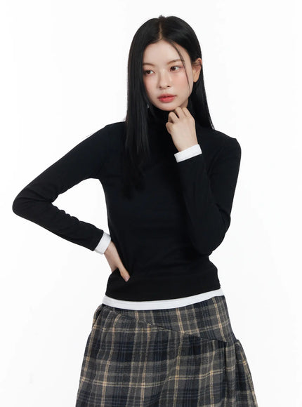 contrast-cuff-turtleneck-long-sleeve-top-cj520 / Black