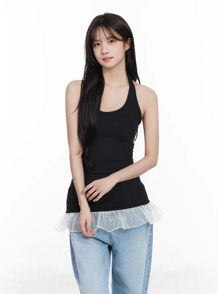 lace-trim-ribbed-halter-top-cm527 / Black