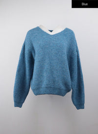oversized-v-neck-solid-long-sleeve-sweater-oj411 / Blue