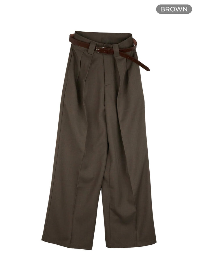 pintuck-belted-wide-leg-tailored-pants-ou411 / Brown