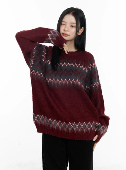 nordic-pattern-knit-sweater-cj520 / Dark red