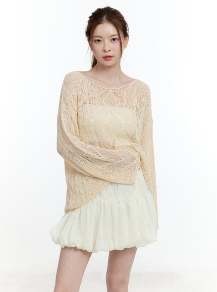 cable-knit-sheer-loose-fit-sweater-cm521 / Light beige