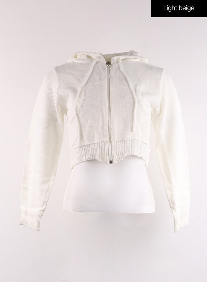 solid-zipper-cropped-hoodie-cf401 / Light beige