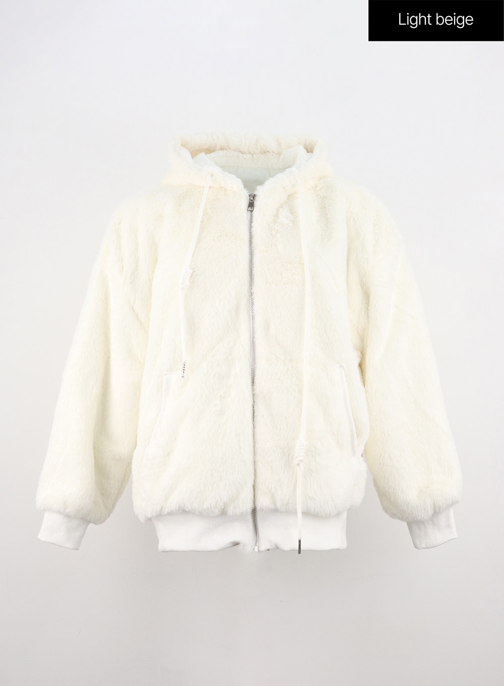 faux-fur-fleece-hoodie-zip-up-jacket-oo312 / Light beige
