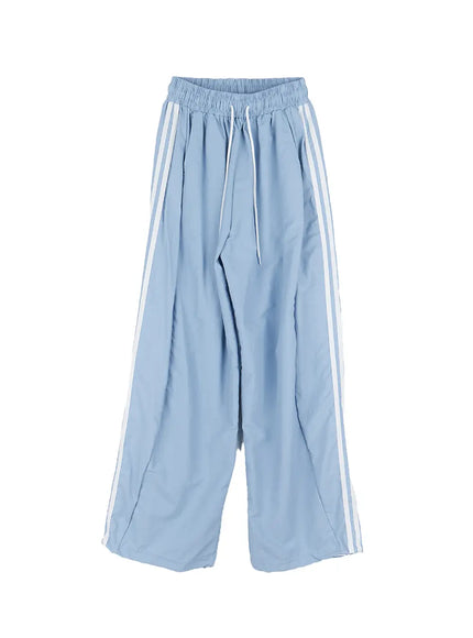 striped-wide-leg-nylon-track-pants-cl509 / Light blue