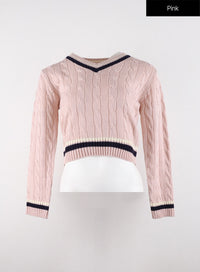 v-neck-cable-knit-sweater-od321 / Pink