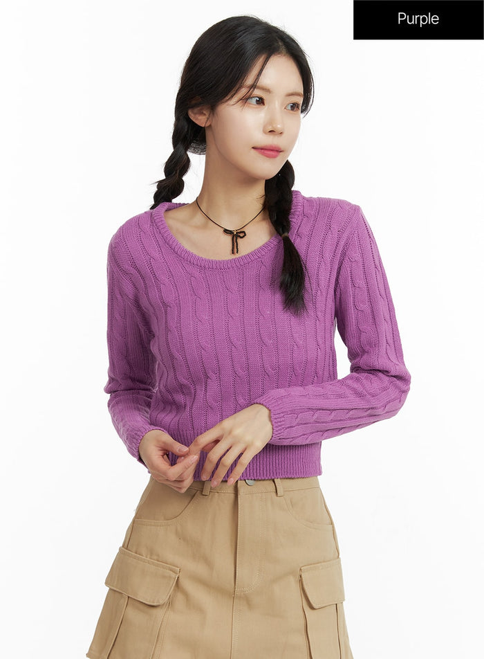 round-neck-crop-cable-sweater-of408 / Purple