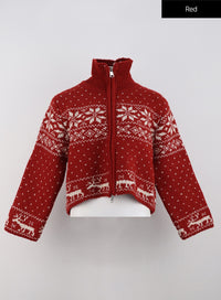jacquard-zip-up-sweater-on327 / Red