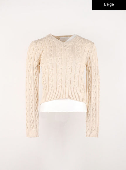 cable-knit-v-neck-sweater-in301 / Beige