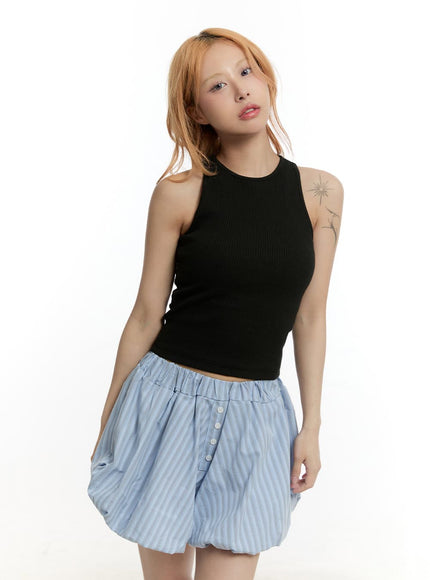 slim-fit-ribbed-cropped-tank-top-cy505 / Black