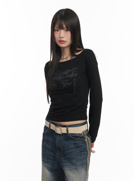 slim-fit-off-shoulder-graphic-top-cf518 / Black