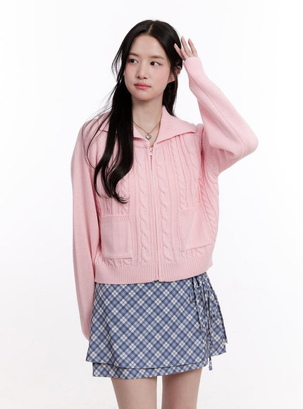 cable-knit-zip-up-cardigan-cm526 / Pink