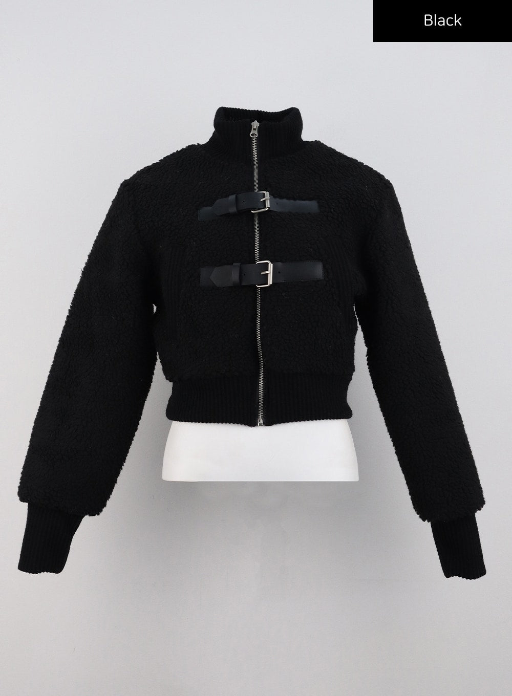 faux-shearling-buckle-crop-jacket-cd301 / Black