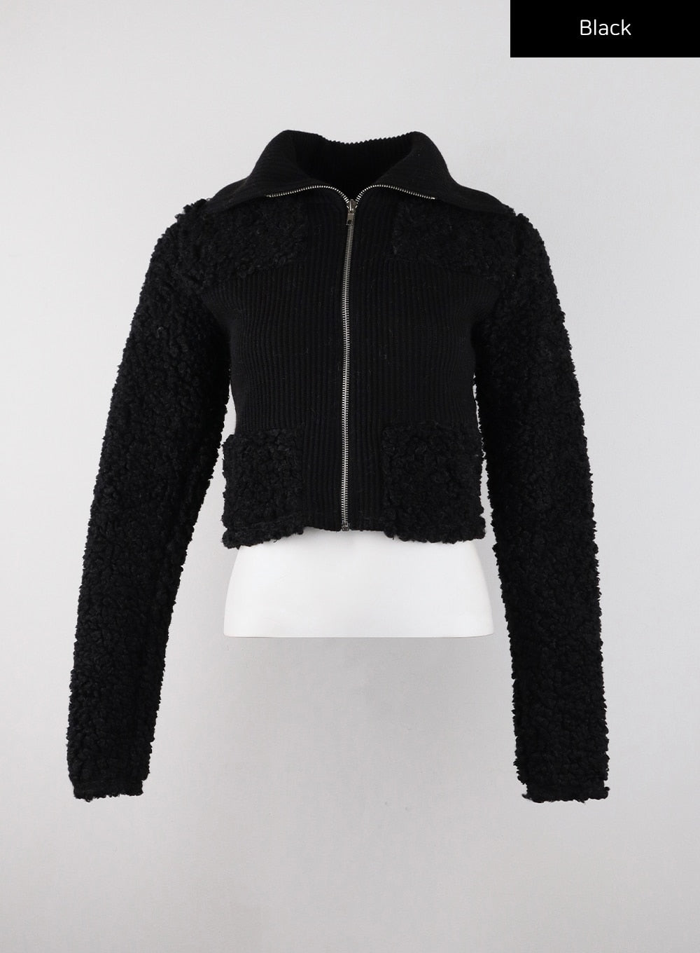 hooded-patchwork-faux-fur-zipper-cardigan-cd322 / Black