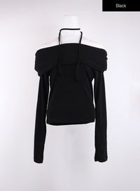 slim-fit-off-shoulder-top-with-scarf-cj418 / Black