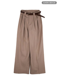 pintuck-belted-wide-leg-tailored-pants-ou411 / Dark beige
