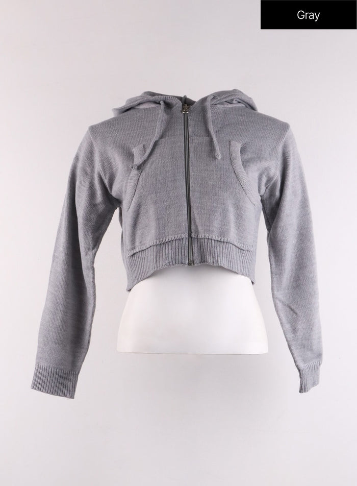 solid-zipper-cropped-hoodie-cf401 / Gray