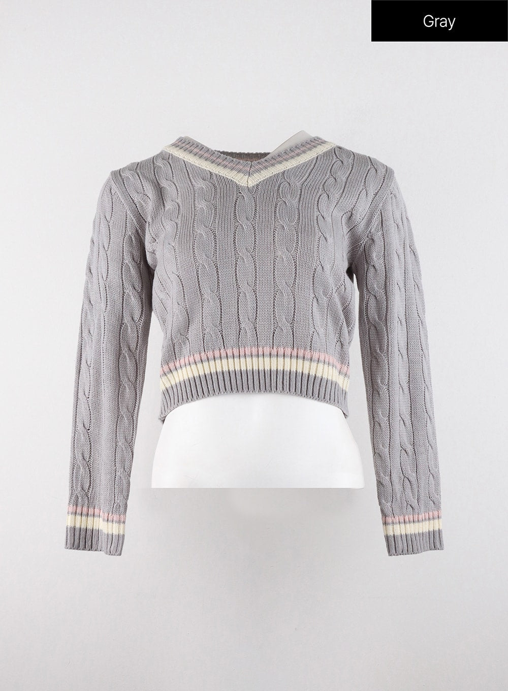 v-neck-cable-knit-sweater-od321 / Gray