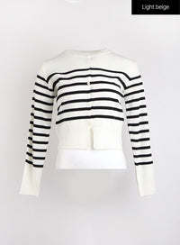 round-neck-striped-knit-cardigan-oj423 / Light beige
