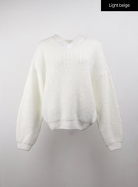oversized-v-neck-solid-long-sleeve-sweater-oj411 / Light beige