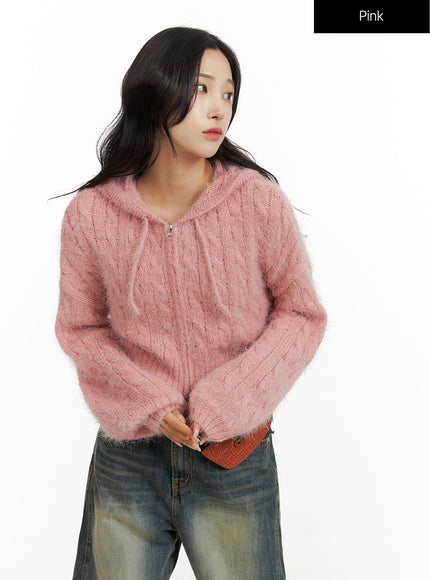 cable-knit-zippered-hooded-cardigan-cf416 / Pink